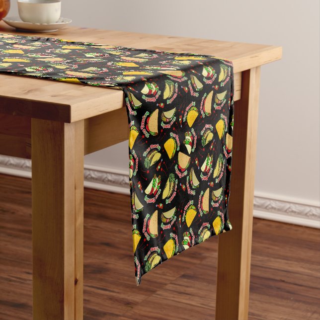 Taco Tuesday Hard and Soft Tacos Hot Sauce Black Short Table Runner (In Situ)