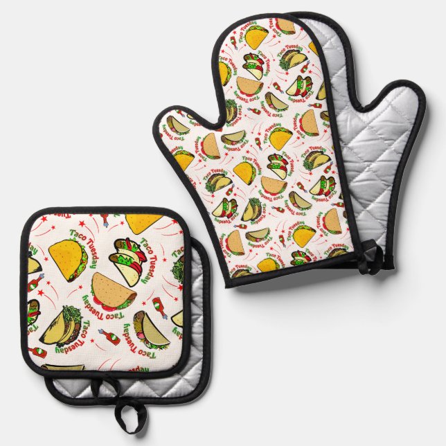 Taco Tuesday Hard & Soft Tacos Hot Sauce White Oven Mitt & Pot Holder Set (Front/Back)