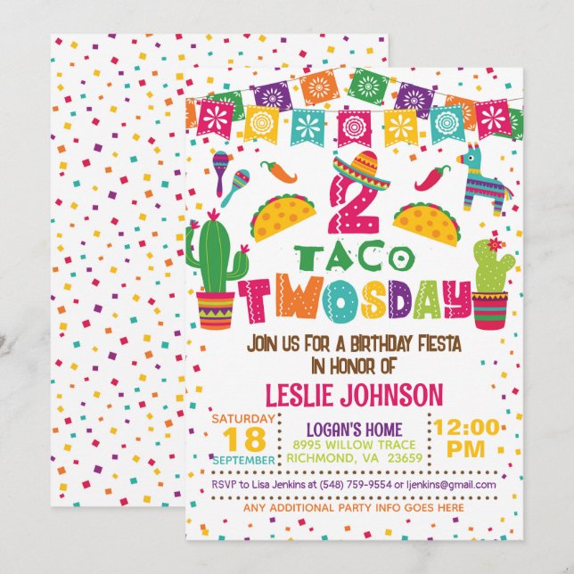 Taco TWOsday 2nd Birthday Invitation - White (Front/Back)