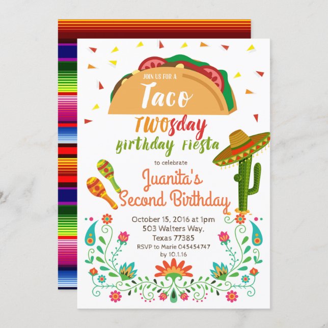 Taco TWOSday 2nd Birthday Party Fiesta Card (Front/Back)