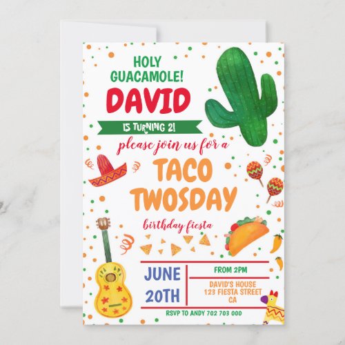 Taco Twosday Boy Birthday Fiesta Cactus Mexican Invitation