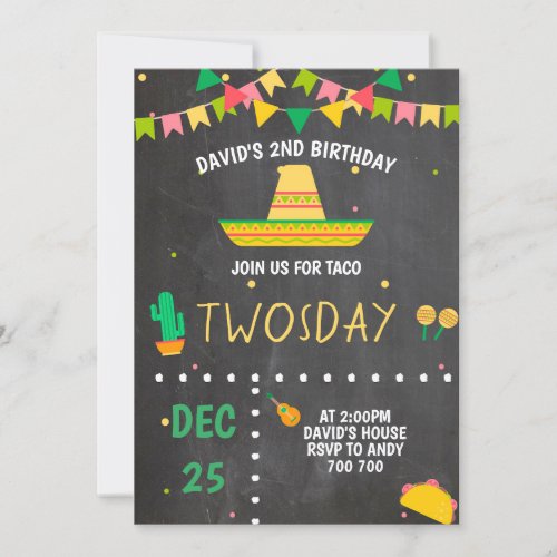 Taco Twosday Boy Fiesta 2nd Birthday Party Mexican Invitation