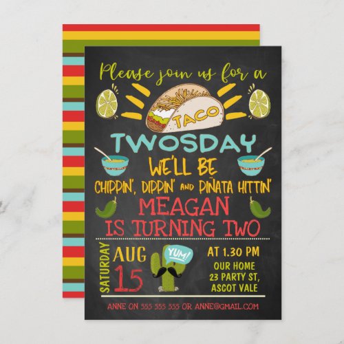 Taco Twosday Chalkboard 2nd Birthday Invitation