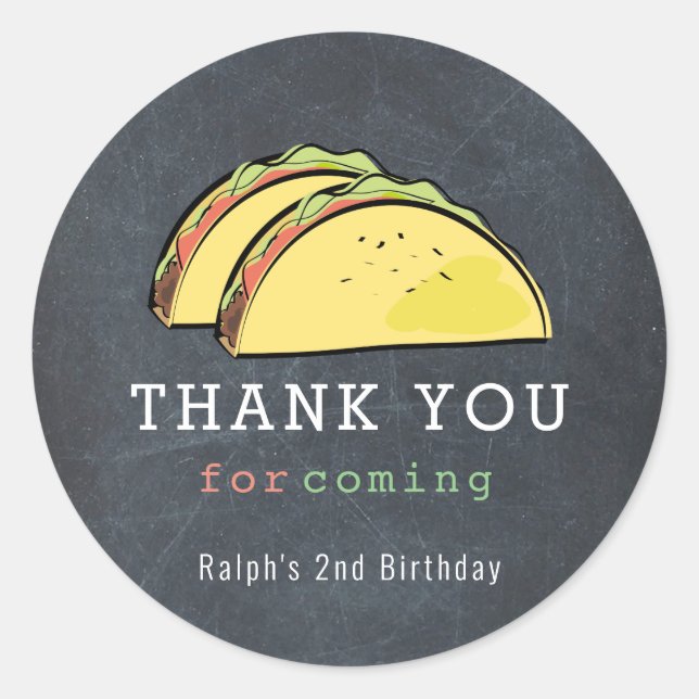 Taco Twosday Chalkboard 2nd Birthday Thank You Classic Round Sticker (Front)