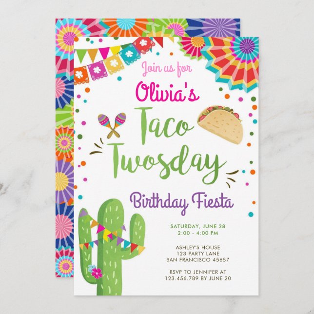 Taco Twosday Fiesta Mexican Girl Second Birthday  Invitation (Front/Back)