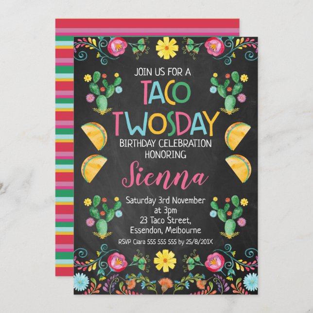 Taco Twosday Mexican 2nd Birthday Invitation (Front/Back)