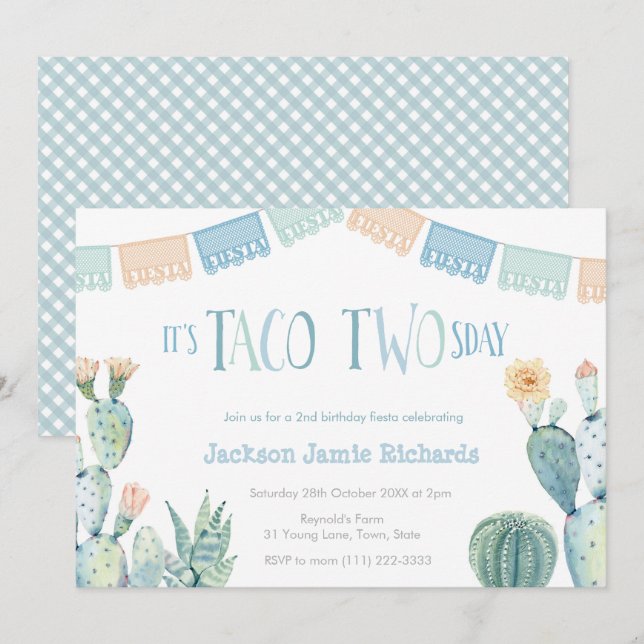Taco Twosday Party - Boy 2nd Birthday Fiesta Invitation (Front/Back)