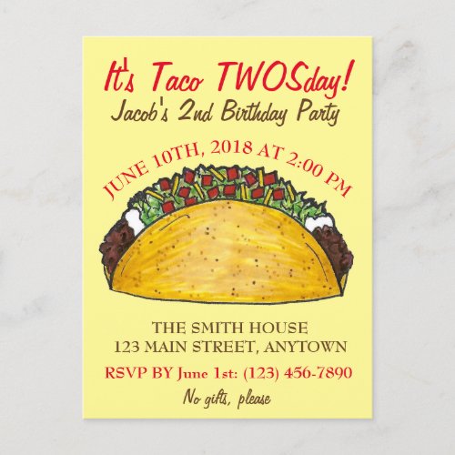 Taco TWOSday Tuesday 2nd Birthday Party Fiesta Invitation Postcard