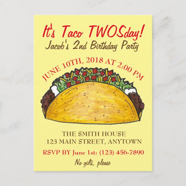 Taco TWOSday Tuesday 2nd Birthday Party Fiesta Invitation Postcard (Front)
