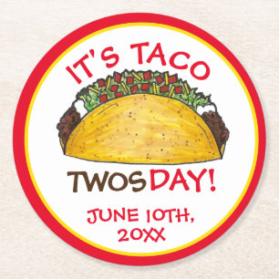 Taco TWOSday Tuesday 2nd Birthday Party Fiesta Round Paper Coaster