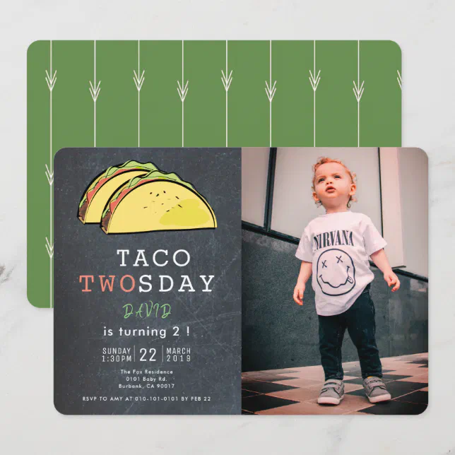Taco Twosday Tuesday Chalkboard Photo 2nd Birthday Invitation | Zazzle