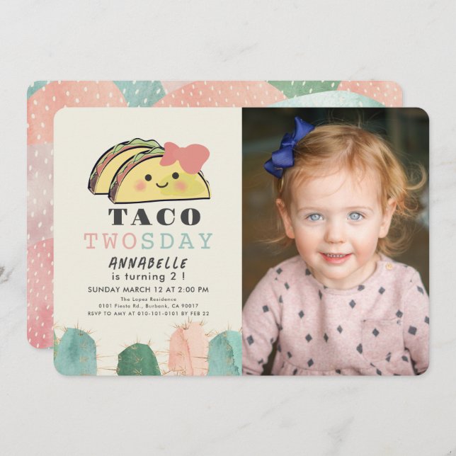 Taco Twosday Tuesday Kawaii 2nd Birthday Photo Invitation (Front/Back)