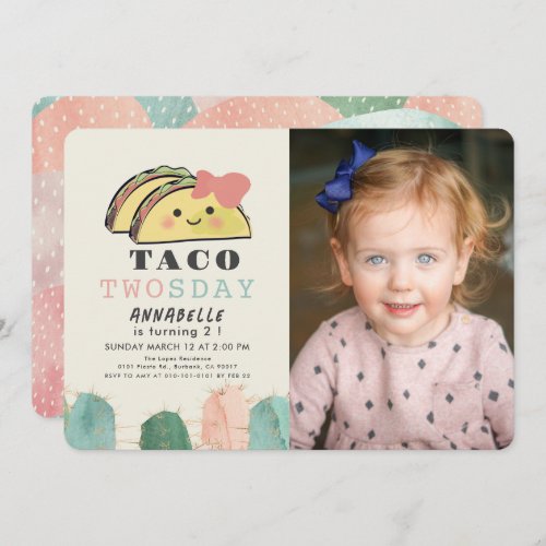 Taco Twosday Tuesday Kawaii 2nd Birthday Photo Invitation