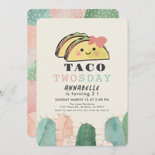 Taco Twosday Tuesday Kawaii Girl 2nd Birthday Invitation