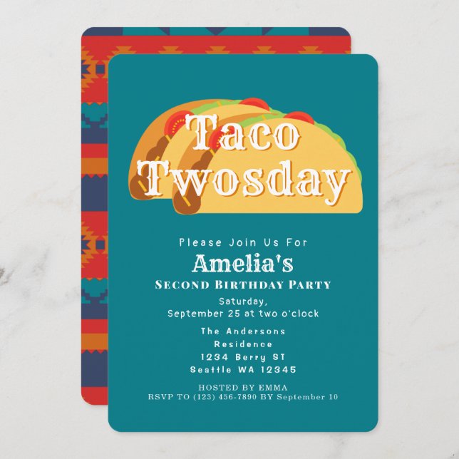 Taco Twosday Tuesday Kids 2nd Birthday Invitation (Front/Back)