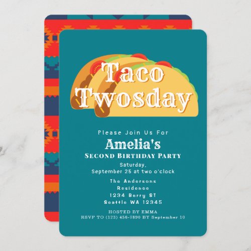 Taco Twosday Tuesday Kids 2nd Birthday Invitation