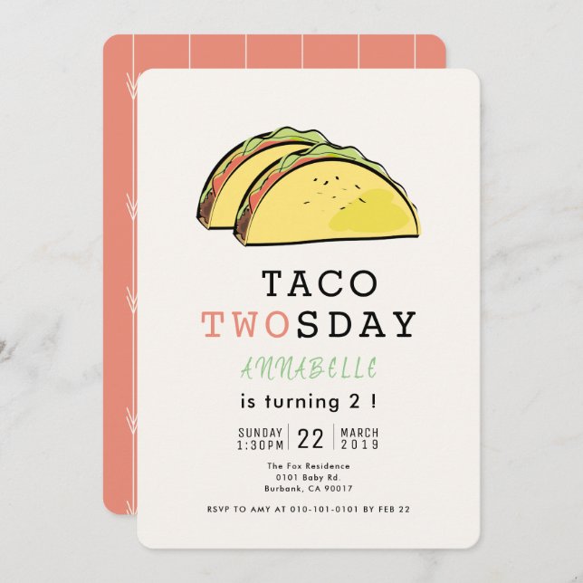 Taco Twosday Tuesday Mexican Fiesta 2nd Birthday Invitation (Front/Back)