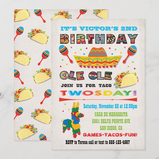 Taco Twosday Tuesday Mexican Fiesta 2nd Birthday Invitation (Front/Back)