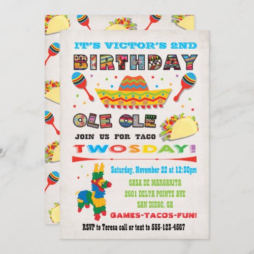 Taco Twosday Tuesday Mexican Fiesta 2nd Birthday Invitation