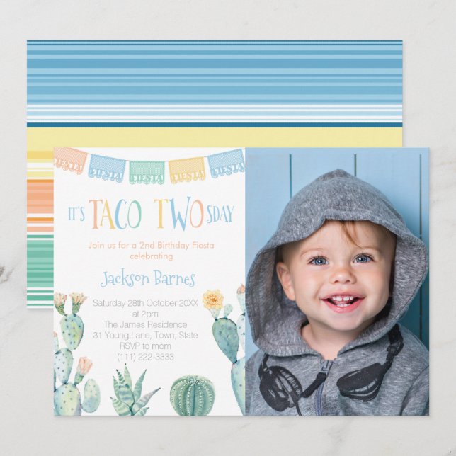 Taco TWOsday Yellow Blue 2nd Birthday Party Photo Invitation (Front/Back)