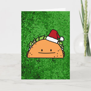 Taco wearing Santa Hat Christmas shell meat salsa Holiday Card