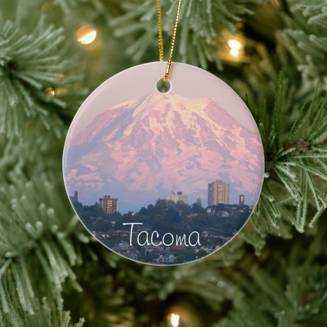 Tacoma and Mount Rainier Holiday Ceramic Ornament (Tree)