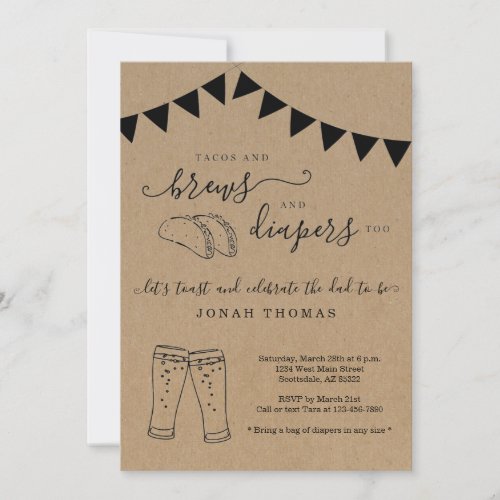 Tacos and Brews and Diapers Too Men's Baby Shower Invitation - Invitation features hand-drawn taco duo and beer toast artwork on a wonderfully rustic kraft background for your diaper party.

Coordinating RSVP, Details, Registry, Thank You cards and other items are available in the 'Rustic Brewery Line Art' Collection within my store.