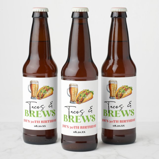 Tacos and Brews Beer Glass Birthday Party Bottle Label (Bottles)