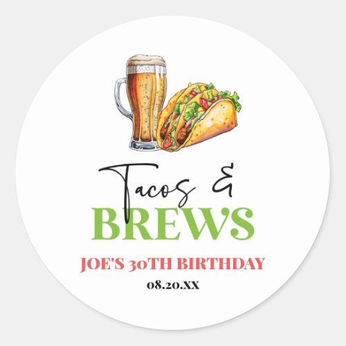 Tacos and Brews Beer Glass Birthday Party Classic Round Sticker