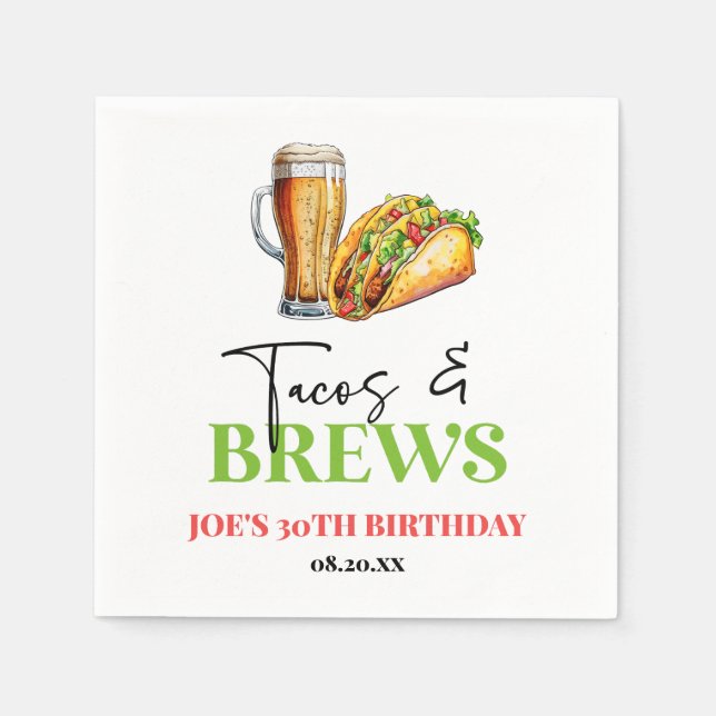 Tacos and Brews Beer Glass Birthday Party Napkins (Front)