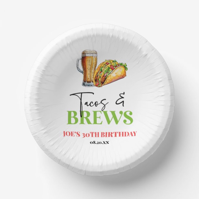 Tacos and Brews Beer Glass Birthday Party Paper Bowls (Front)