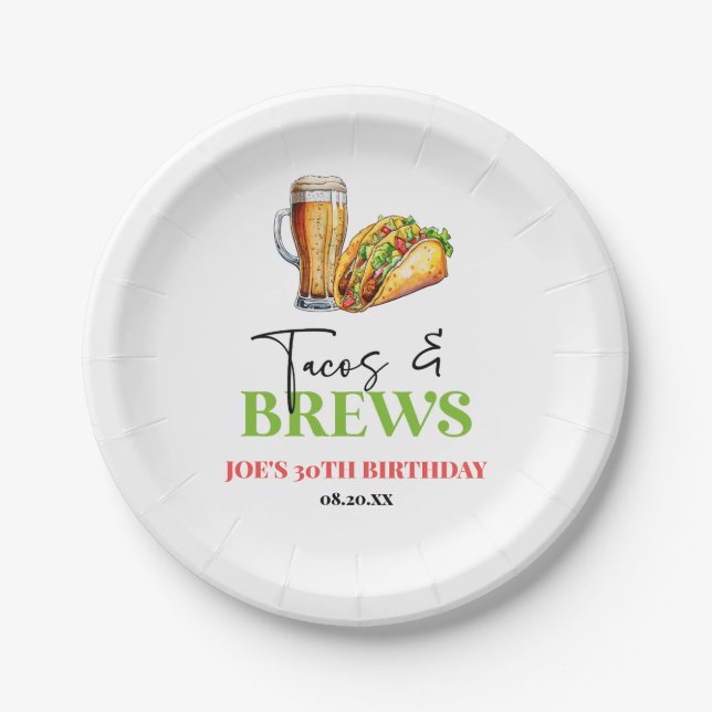 Tacos and Brews Beer Glass Birthday Party Paper Plates (Front)