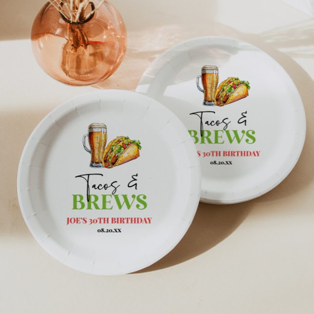 Tacos and Brews Beer Glass Birthday Party Paper Plates (Creator Uploaded)