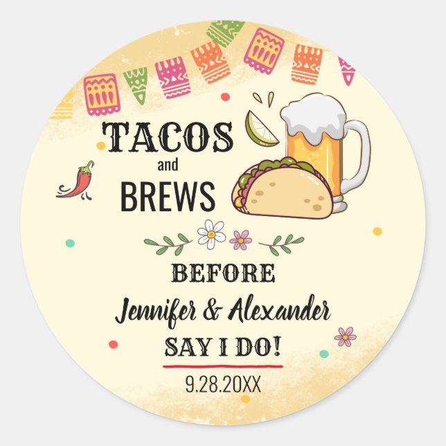 Tacos and Brews Couples Shower Sticker (Front)