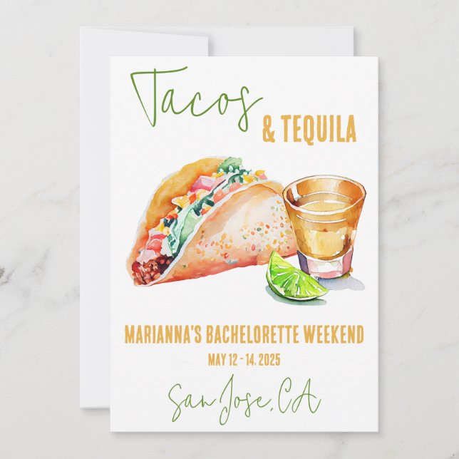 Tacos and Tequila Bachelorette Weekend Party Invitation (Front)