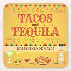 Tacos and Tequila Cinco de Mayo Fiesta Party Square Paper Coaster