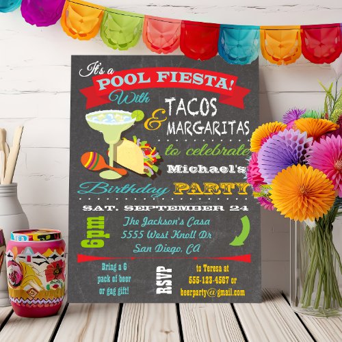 Tacos and Tequilla Pool Birthday Party Invitation