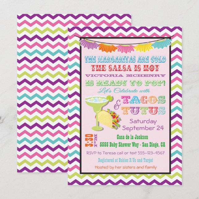 Tacos and Tutus Mexican Fiesta baby shower Invites (Front/Back)