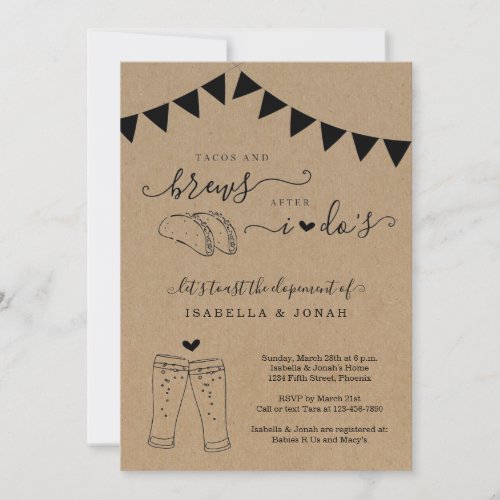 Tacos & Brews After I Do Reception Only Elopement  Invitation - Invitation features hand-drawn taco duo and beer toast artwork on a wonderfully rustic kraft background.

Coordinating RSVP, Details, Registry, Thank You cards and other items are available in the 'Rustic Brewery Line Art' Collection within my store.