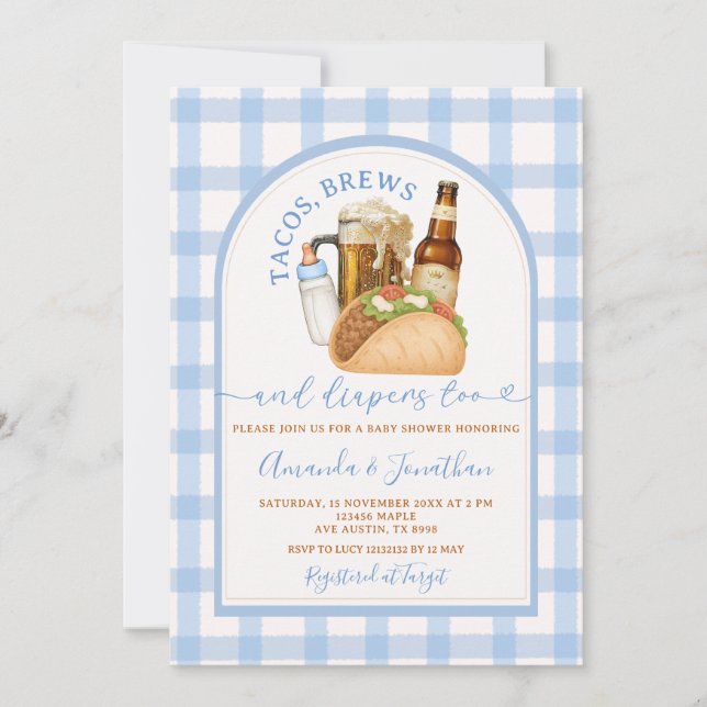 Tacos Brews and Diapers Baby Shower Blue Gingham Invitation (Front)