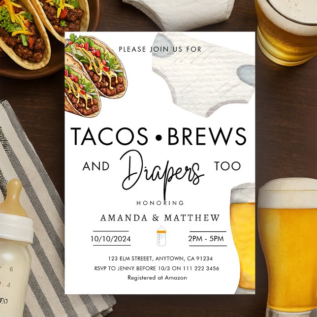 Tacos, Brews and Diapers Casual Couple Baby Shower Invitation (Tacos Brews And Diapers Casual Couple Baby Shower Invitation)