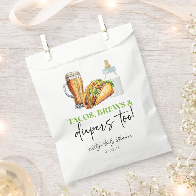 Tacos Brews and Diapers Too! Baby Shower Favor Bag (Clipped)