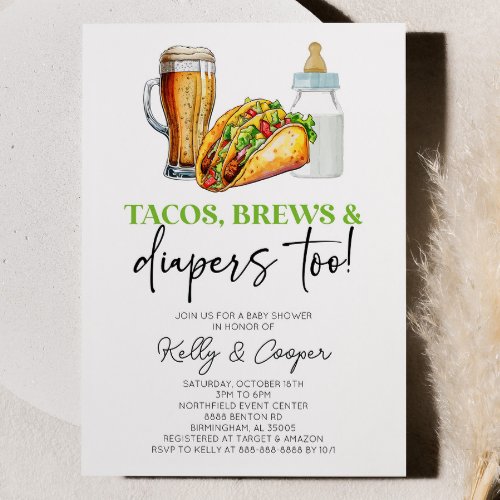 Tacos Brews and Diapers Too Baby Shower Invitation