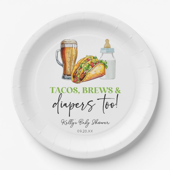 Tacos Brews and Diapers Too! Baby Shower Paper Plates (Front)