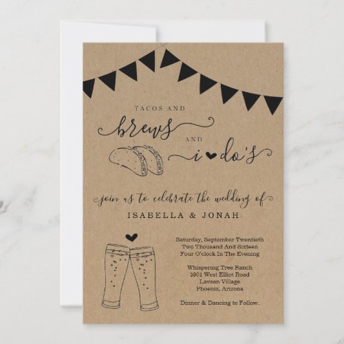 Tacos & Brews And I Do's Wedding Invitation - Invitation features hand-drawn taco duo and beer toast artwork on a wonderfully rustic kraft background for your wedding invitation.

Coordinating RSVP, Details, Registry, Thank You cards and other items are available in the 'Rustic Brewery Line Art' Collection within my store.