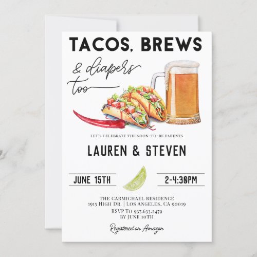 Tacos Brews Diapers Too Baby Shower Invitation