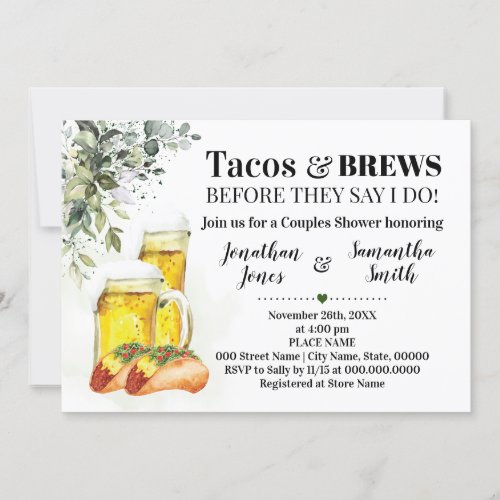 Tacos  Brews Shower Eucalyptus Greenery Invitation