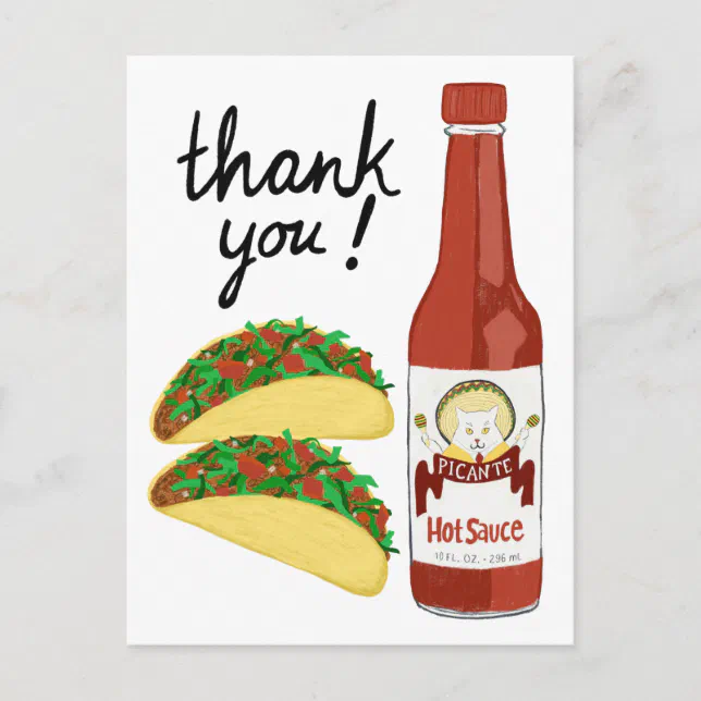 TACOS Spicy Hot Sauce Cat Maracas THANK YOU Postcard Zazzle