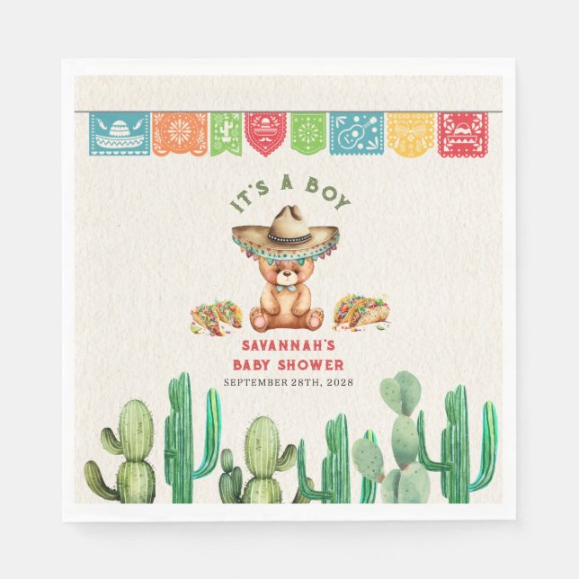 Tacos & Teddy Bears Cactus Boy Baby Shower Fiesta Napkins (Front)