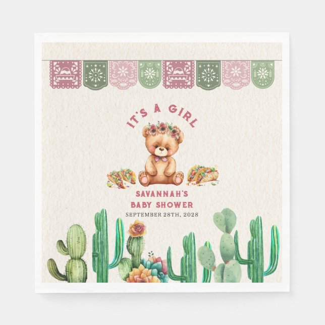 Tacos & Teddy Bears Cactus Girl Baby Shower Fiesta Napkins (Front)